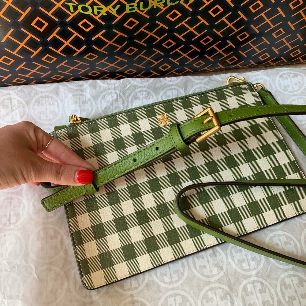 Tory Burch Blake Printed Double Zip Slim Crossbody Springham Green gingham - Picture 6 of 12